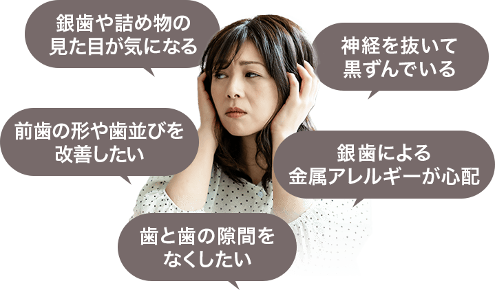 銀歯や詰め物の見た目が気になる　前歯の形や歯並びを改善したい　歯と歯の隙間をなくしたい　銀歯による金属アレルギーが心配　神経を抜いて黒ずんでいる